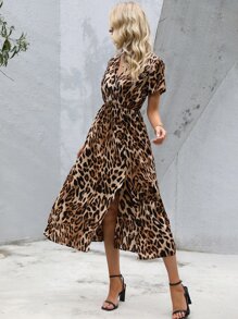 SHEIN VCAY Leopard Print Split Thigh Dress - Brown - View 5