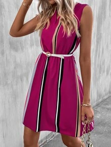 SHEIN Clasi Striped Notched Neck Belted Dress - Hot Pink - View 6