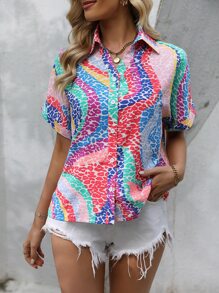 SHEIN VCAY 滿版印花蝙蝠袖襯衫 - 彩色 - 查看 3