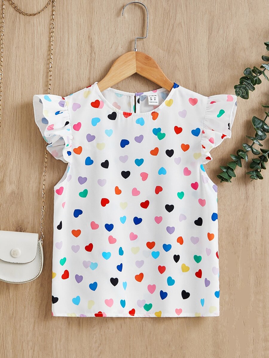SHEIN Áo sơ mi ngắn tay họa tiết trái tim giản dị cho cô gái tuổi teen - trắng - Xem 1
