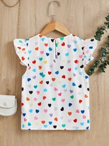 SHEIN Áo sơ mi ngắn tay họa tiết trái tim giản dị cho cô gái tuổi teen - trắng - Xem 2