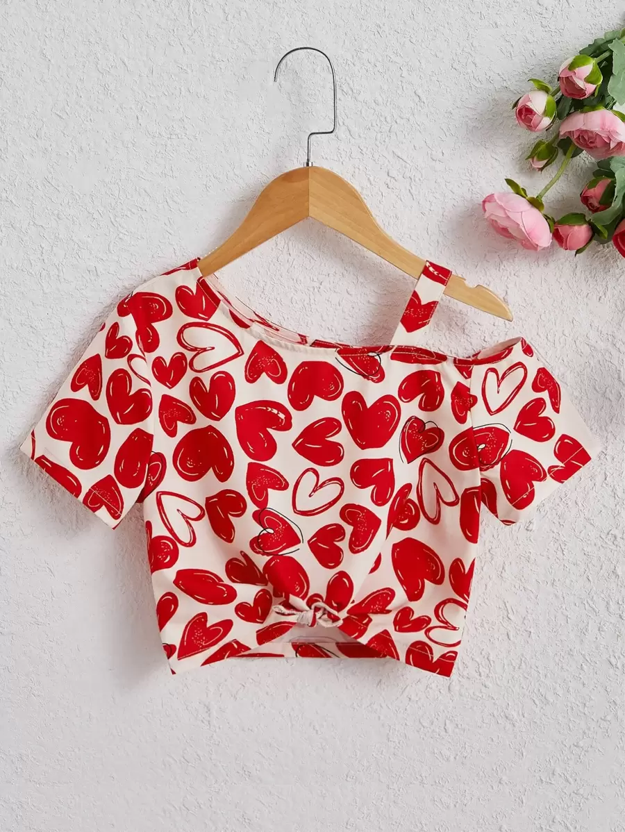 SHEIN Tween Girl Heart Print Asymmetrical Neck Twist Hem Blouse - Red and White - View 1