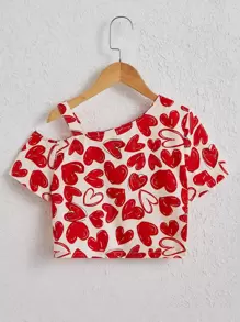SHEIN Tween Girl Heart Print Asymmetrical Neck Twist Hem Blouse - Red and White - View 2