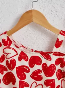 SHEIN Tween Girl Heart Print Asymmetrical Neck Twist Hem Blouse - Red and White - View 3