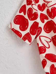 SHEIN Tween Girl Heart Print Asymmetrical Neck Twist Hem Blouse - Red and White - View 4