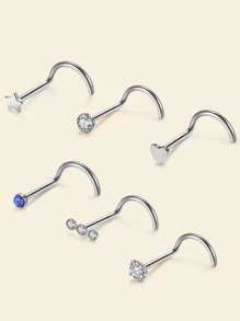 6pcs/set Perfect Piercing Rhinestone & Heart Decor Nose Stud Stainless Steel For Women & Men No Piercing Needed Septum Body Jewelry - Multicolor - View 1