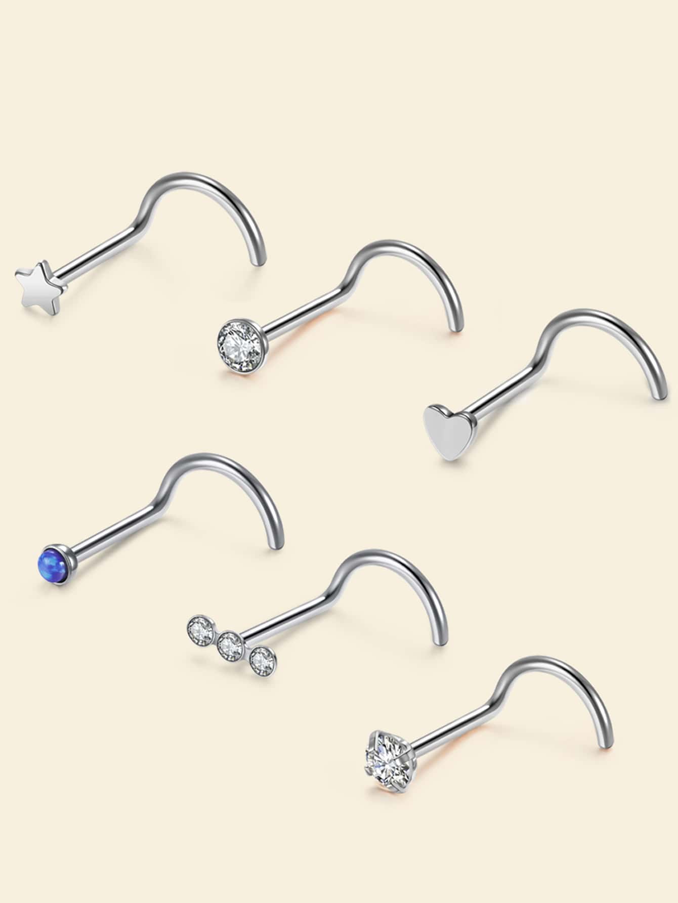 6pcs/set Perfect Piercing Rhinestone & Heart Decor Nose Stud Stainless Steel For Women & Men No Piercing Needed Septum Body Jewelry - Multicolor - View 1