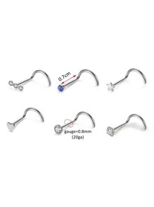 6pcs/set Perfect Piercing Rhinestone & Heart Decor Nose Stud Stainless Steel For Women & Men No Piercing Needed Septum Body Jewelry - Multicolor - View 3
