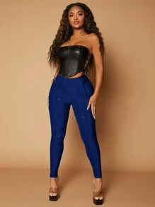 SHEIN SXY Quần tất nữ màu trơn Buổi tiệc - Màu xanh hải quân - Xem 3