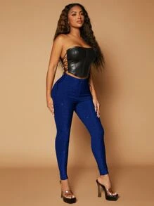 SHEIN SXY Quần tất nữ màu trơn Buổi tiệc - Màu xanh hải quân - Xem 4