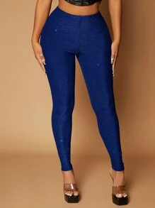 SHEIN SXY Quần tất nữ màu trơn Buổi tiệc - Màu xanh hải quân - Xem 5