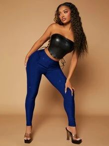 SHEIN SXY Quần tất nữ màu trơn Buổi tiệc - Màu xanh hải quân - Xem 6