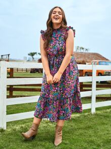 SHEIN Clasi Vestido con cinturón con estampado floral bajo con fruncido - Multicolor - Ver 1