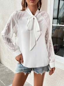 SHEIN Essnce Contrast Mesh Raglan Sleeve Tie Neck Blouse - White - View 5