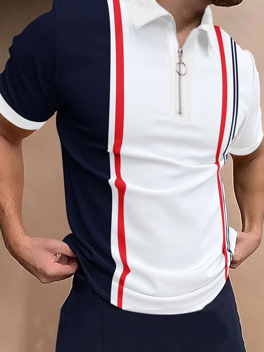 Manfinity Men Striped Print Quarter Zip Polo Shirt - White - View 1