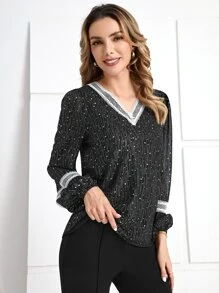 EMERY ROSE Star Print Guipure Lace Insert Lantern Sleeve Blouse - Black - View 2