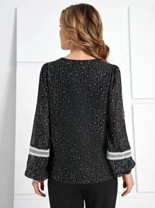 EMERY ROSE Star Print Guipure Lace Insert Lantern Sleeve Blouse - Black - View 3