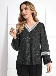 EMERY ROSE Star Print Guipure Lace Insert Lantern Sleeve Blouse - Black - View 1