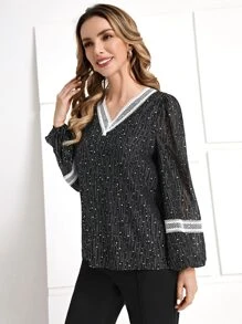 EMERY ROSE Star Print Guipure Lace Insert Lantern Sleeve Blouse - Black - View 5