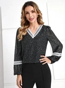 EMERY ROSE Star Print Guipure Lace Insert Lantern Sleeve Blouse - Black - View 6