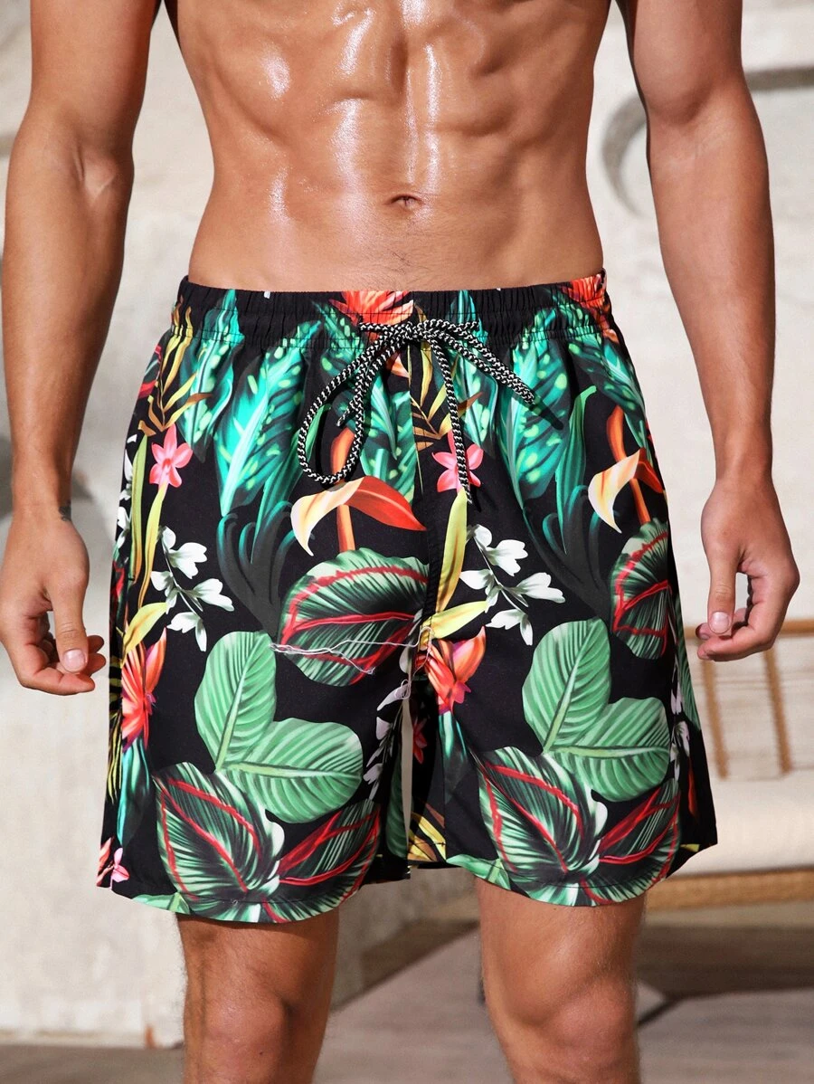 Manfinity Hombres Shorts de natación con estampado tropical de cintura con cordón - Multicolor - Ver 1