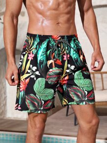 Manfinity Hombres Shorts de natación con estampado tropical de cintura con cordón - Multicolor - Ver 5