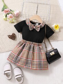 圣诞女孩格子蝴蝶结前 T 恤和裙子 - 彩色 - 查看 1