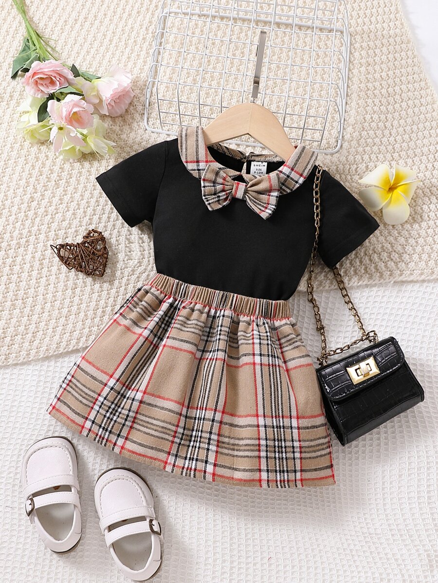 圣诞女孩格子蝴蝶结前 T 恤和裙子 - 彩色 - 查看 1