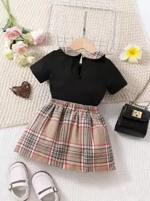 圣诞女孩格子蝴蝶结前 T 恤和裙子 - 彩色 - 查看 2