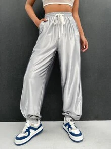 Muchica Silver Drawstring Waist Slant Pocket Trousers - Silver - View 2