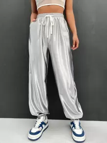 Muchica Silver Drawstring Waist Slant Pocket Trousers - Silver - View 4