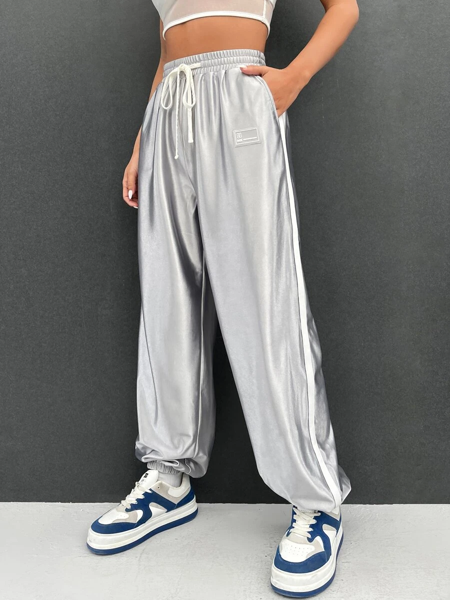 Muchica Silver Drawstring Waist Slant Pocket Trousers - Silver - View 1