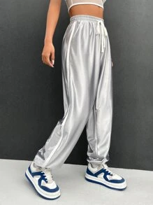 Muchica Silver Drawstring Waist Slant Pocket Trousers - Silver - View 5