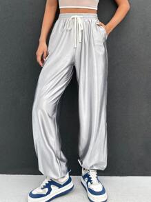 Muchica Silver Drawstring Waist Slant Pocket Trousers - Silver - View 6