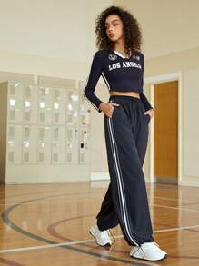 SHEIN EZwear Contrast Tape Side Drawstring Waist Trousers - Navy Blue - View 5