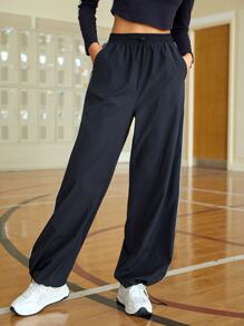 SHEIN EZwear Contrast Tape Side Drawstring Waist Trousers - Navy Blue - View 6