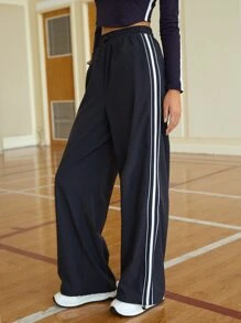 SHEIN EZwear Contrast Tape Side Drawstring Waist Trousers - Navy Blue - View 7