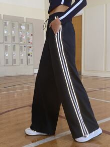 SHEIN EZwear Contrast Tape Side Drawstring Waist Trousers - Navy Blue - View 9