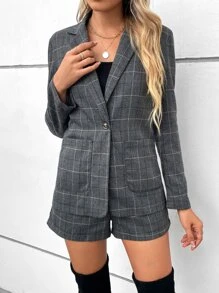 SHEIN Clasi 格紋印花西裝外套和短褲