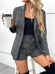 SHEIN Clasi 格紋印花西裝外套和短褲