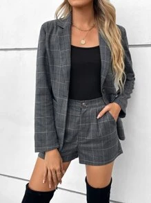 SHEIN Clasi 格紋印花西裝外套和短褲