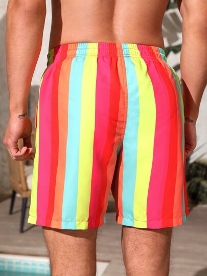 Guys Rainbow Striped Drawstring Waist Swim Trunks