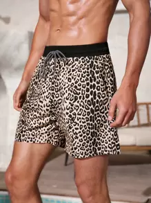 Manfinity Swimmode Bóxer de baño para hombre con cintura con cordón y estampado de leopardo, estilo hawaiano - Multicolor - Ver 4