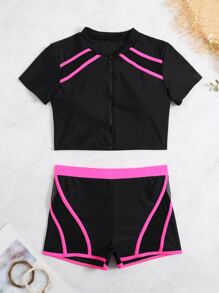 Conjunto de bikini con cremallera frontal y ribete de contraste para playa de verano - Negro - Ver 6