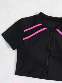 Conjunto de bikini con cremallera frontal y ribete de contraste para playa de verano - Negro - Ver 3