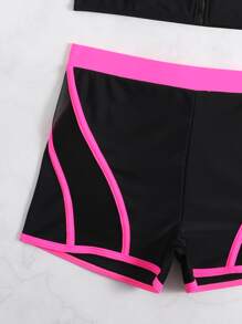 Conjunto de bikini con cremallera frontal y ribete de contraste para playa de verano - Negro - Ver 4