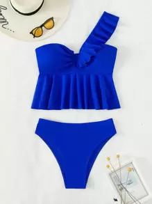 Ruffle Hem One Shoulder Tankini Summer Beach - Royal Blue - View 7