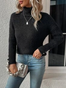 SHEIN LUNE Jersey cuello alto con diseño de botón de hombros caídos - Negro - Ver 3