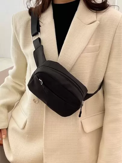 1 pieza Bolso mini de pecho de unicolor de nailon con costuras, versátil y minimalista, bolso de cintura elegante para el primer día de escuela