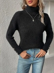 SHEIN LUNE Jersey cuello alto con diseño de botón de hombros caídos - Negro - Ver 6